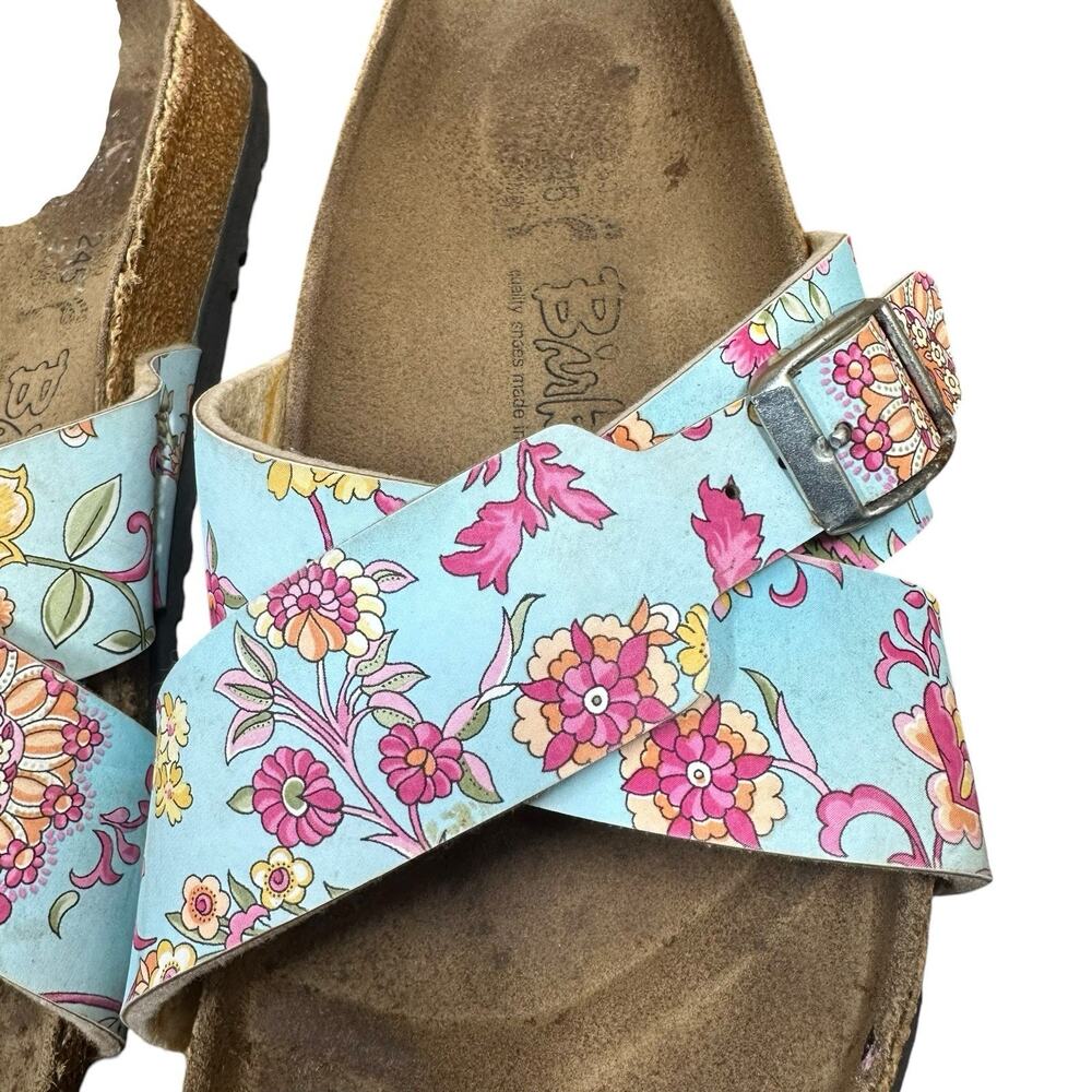 Birkenstock Birkis Cross Strap Blue Pink Floral Slide Slip On Sandals Womens 8 - Picture 2 of 9